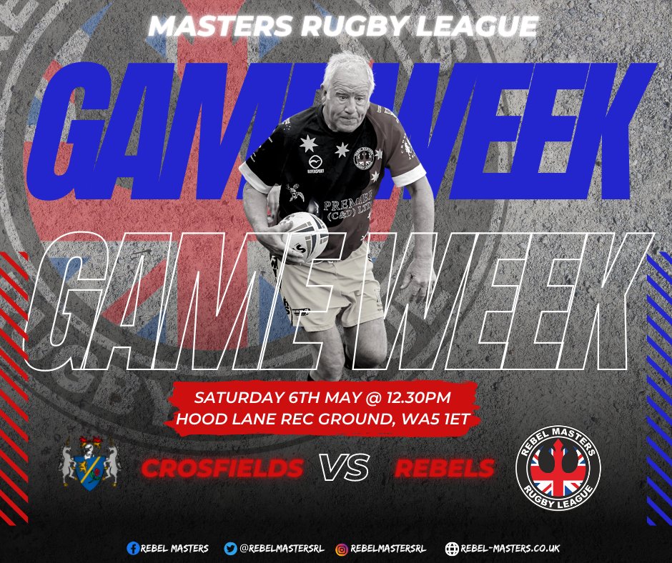 Its Game week!! 🆚@crosfieldsrugby 🏆 Masters Rugby League 📅 Sat May 6th 🕛 12.30 kickoff 📍Hood Lane Rec Ground, WA5 1ET