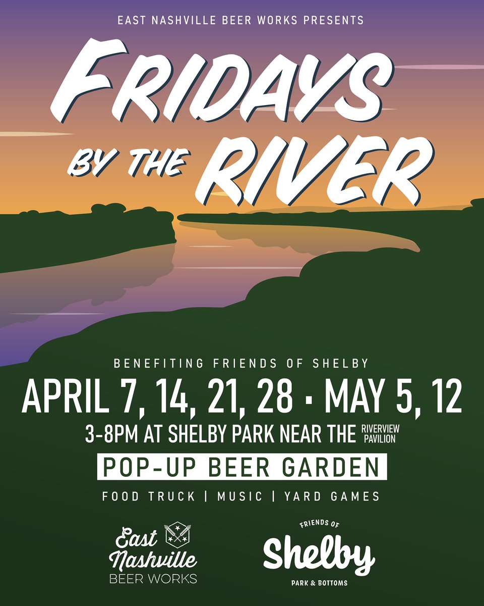 eastnashbeer's tweet photo. This Friday is Week 5 at Shelby Park and we’re ready to bring y���all the beer garden vibes from 3-8pm, right near the Riverview Pavilion!

This week we’re teaming up with:

Rabbit Food Kitchen
Ladybird Taco 
The Sweetest So 
Happy Day Bobby’s 
@maypopwater 
@zillaspitbbq https://t.co/McXLnG1eja