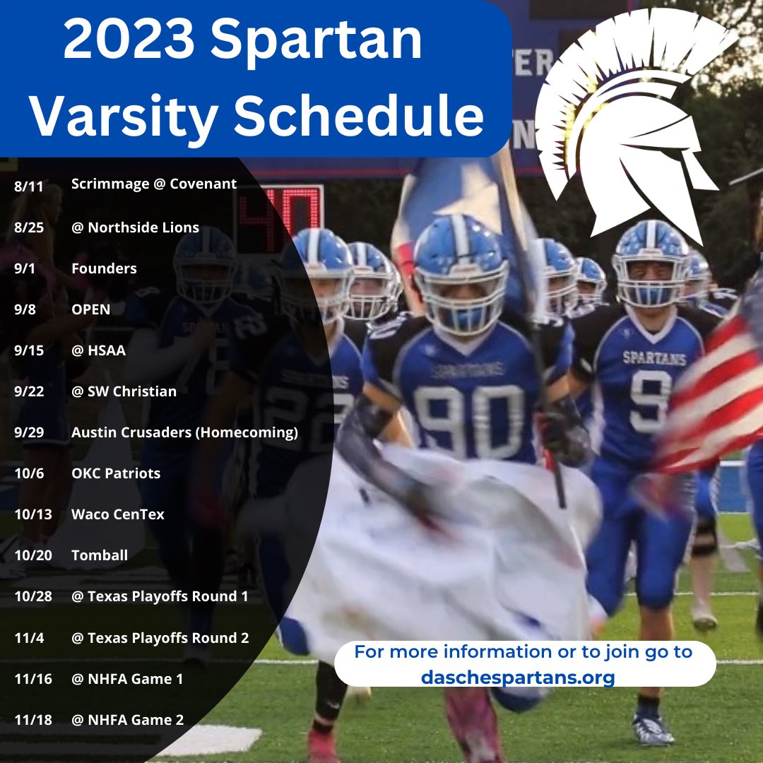 spartanftball14's tweet photo. Mark your calendars!  The 2023 Spartan Varsity Schedule is out!!  https://t.co/5i9lTrZXL9 #homeschoolfootball #highschoolfootball https://t.co/MCpLwtEMOD
