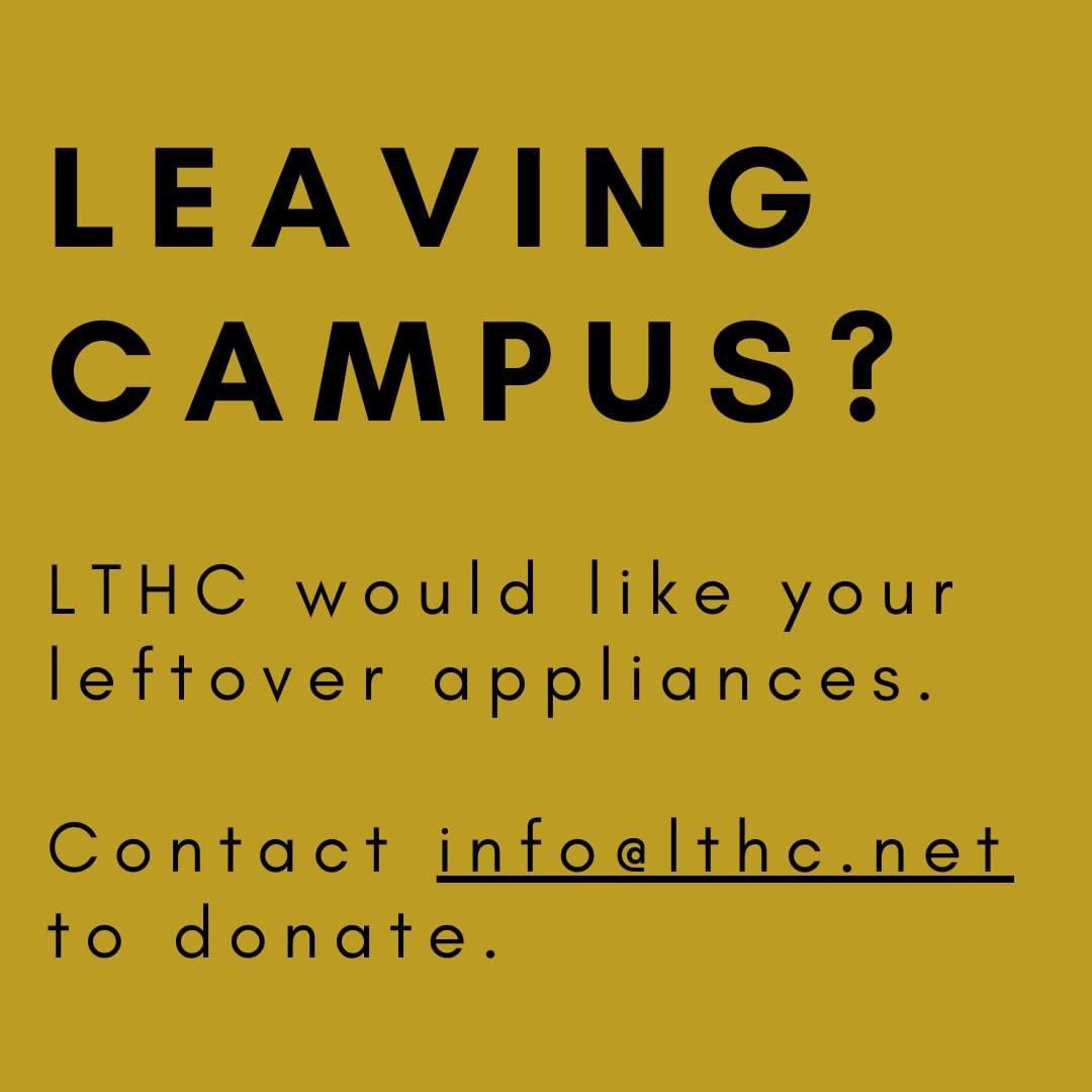 Attention Boilermakers! If you are heading off campus and have clean, usable appliances such as toasters, coffee makers, etc., LTHC would love them donated. We do not accept any clothing. Contact volunteer@lthc.net if you have items that you want to see if we need! #boilerup