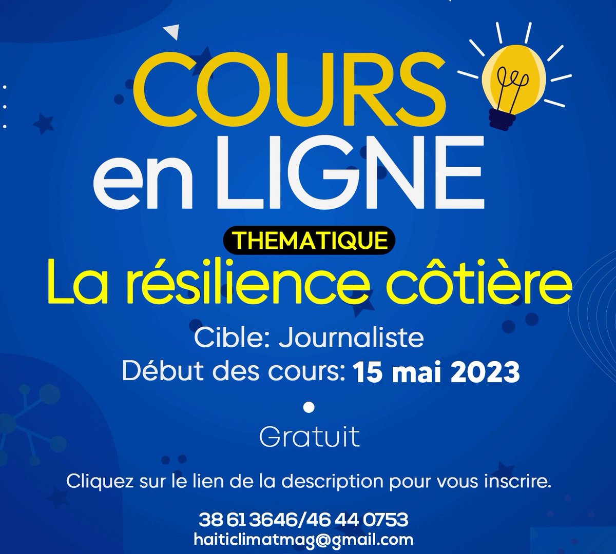 HaitiClimat's tweet photo. #HaitiClimat et #StudioCanek, vous rappellent que les inscriptions se poursuivent pour leurs cours en ligne sur la résilience côtière ''pwoteksyon bò lamè'' et que le début du cours est prévu pour le 15 mai 2023. Cliquez sur ce lien pour vous inscrire👇
https://t.co/6Lkzp1kpRX https://t.co/qIe4Jf2RUo