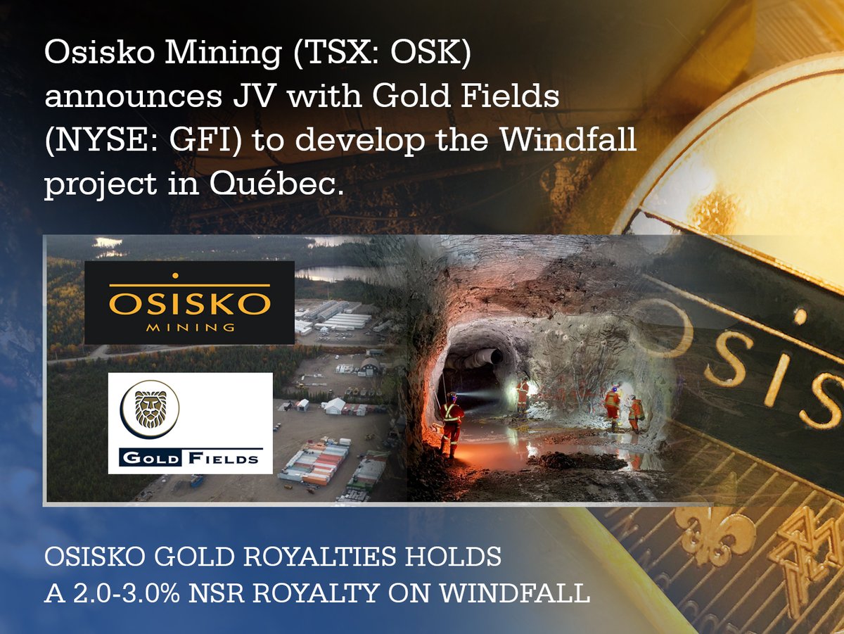 This morning Osisko Mining (TSX: OSK) announced a 50/50 JV agreement with Gold Fields (NYSE: GFI) to develop the Windfall project in Québec. A key milestone for OR’s royalty on the project. cutt.ly/j5XmcFJ #osisko #osiskogoldroyalties #miningnews #gold #mining
