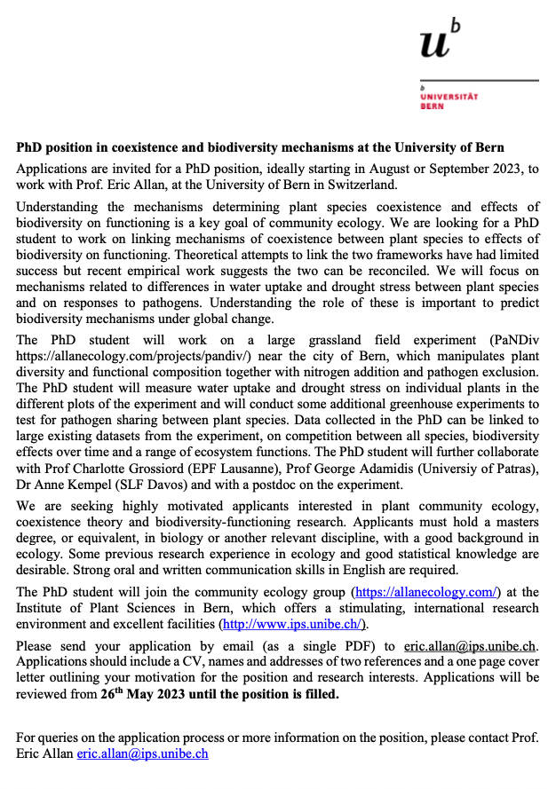 AllanEcology's tweet image. 🌿📷PHD POSITION 📷📷We are advertising a new PhD position in the Allan Ecology Lab in Bern, Switzerland. To work on the super exciting field experiment  looking at plant coexistence and biodiversity functioning mechanisms #PhDposition Please Retweet!