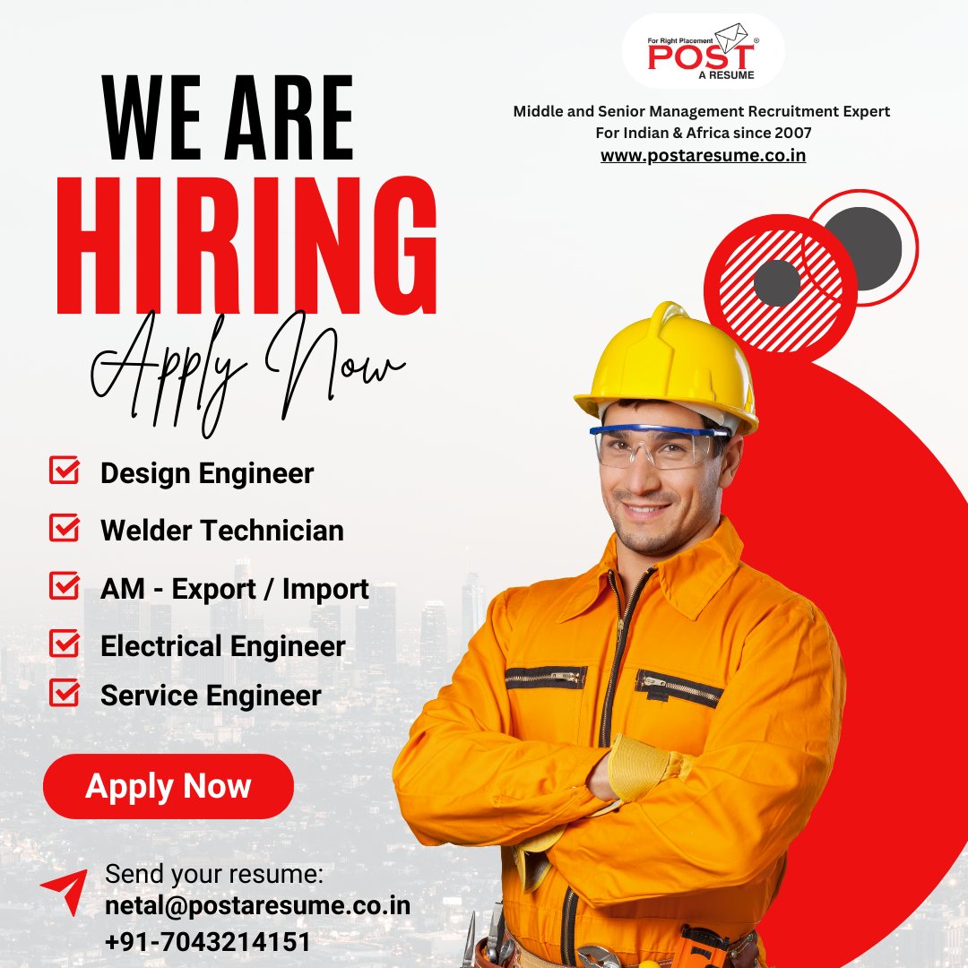 We are Hiring...
Design Engineer
Welder Technician
Call Netal Parmar at +91-7043214151 for more details and Send a CV to netal@postaresume.co.in before calling her. 
#postAresume #DesignEngineer #Welder #Technician #Ahmedabadjobs #jobs