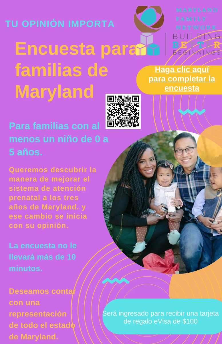 What if you could make Maryland's prenatal-to-3 systems better? What if all you had to do was tell us about your experiences? What if you won a $100 gift card too? Take our survey &amp; help families!
Survey in English buff.ly/3mmQewd Survey in Spanish buff.ly/3VdW67V
