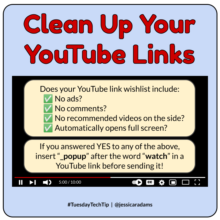 👍It's time for a #TuesdayTechTip! Get rid of all of the surrounding distractions when sending or posting a #YouTube link. Your audience will be able to focus on the video, and you won't accidentally show any surprises to students. 😉
@GoogleForEdu #GoogleET #AllTheTabs