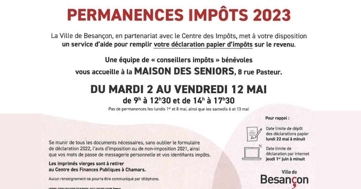 La <a href="/villedebesancon/">Ville de Besançon</a>, en partenariat avec le Centre des #impots met à disposition un service d’aide, ouvert à tous, pour remplir sa déclaration papier d’impôts. Rdv à la Maison des Séniors, 8 rue Pasteur 👉bit.ly/44y1mrt