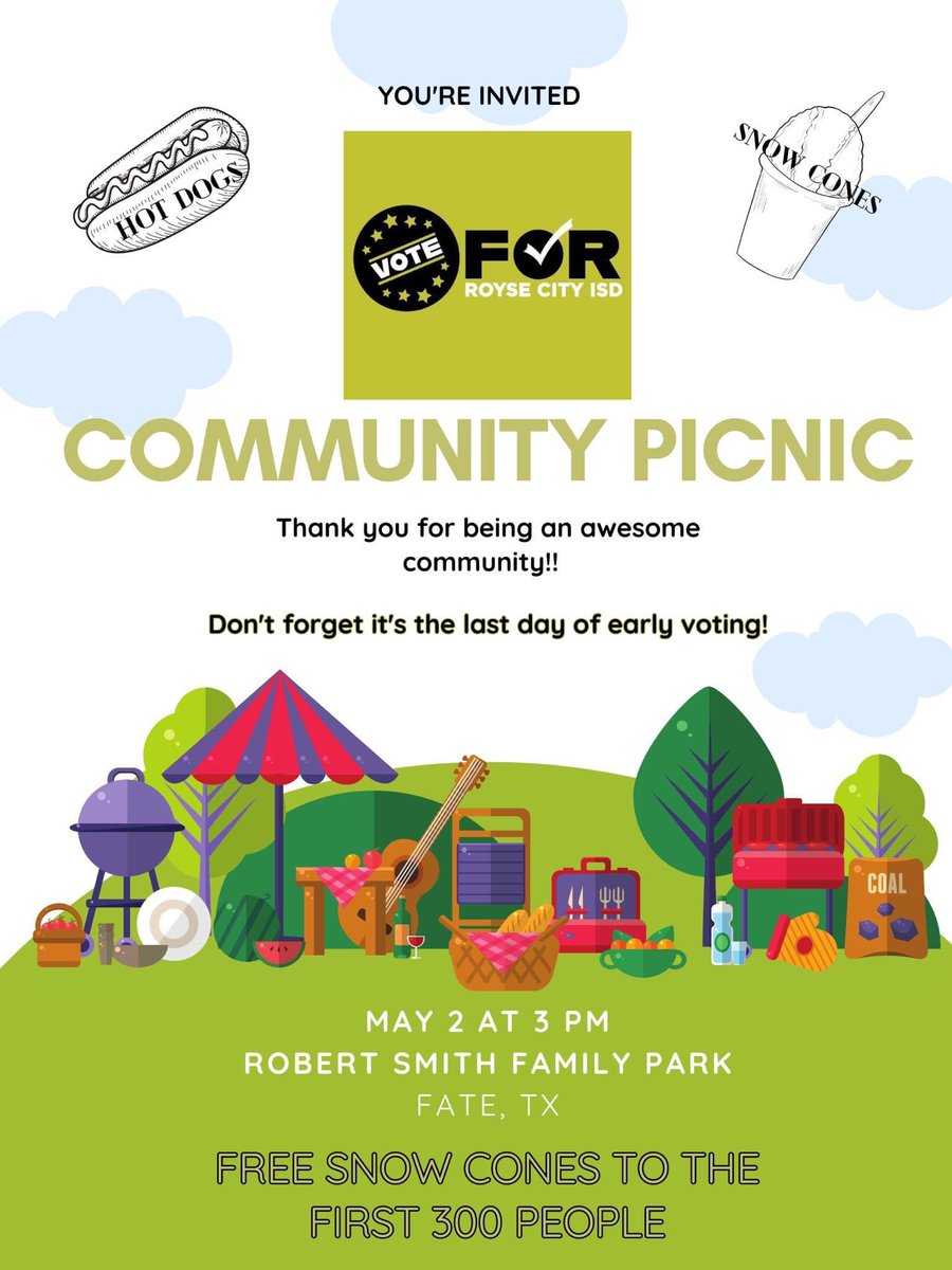 MrsNeryBond's tweet image. Today is the last day for #earlyvoting We will be serving hot dogs and snow cones (first 300 free!!!) from 3-7 so come feed your family and walk on over to Fate City Hall and VOTE
Remember: Royse City residents can early vote at Fate City Hall!
#rcisdvotes #vote4rcisd #forthekids