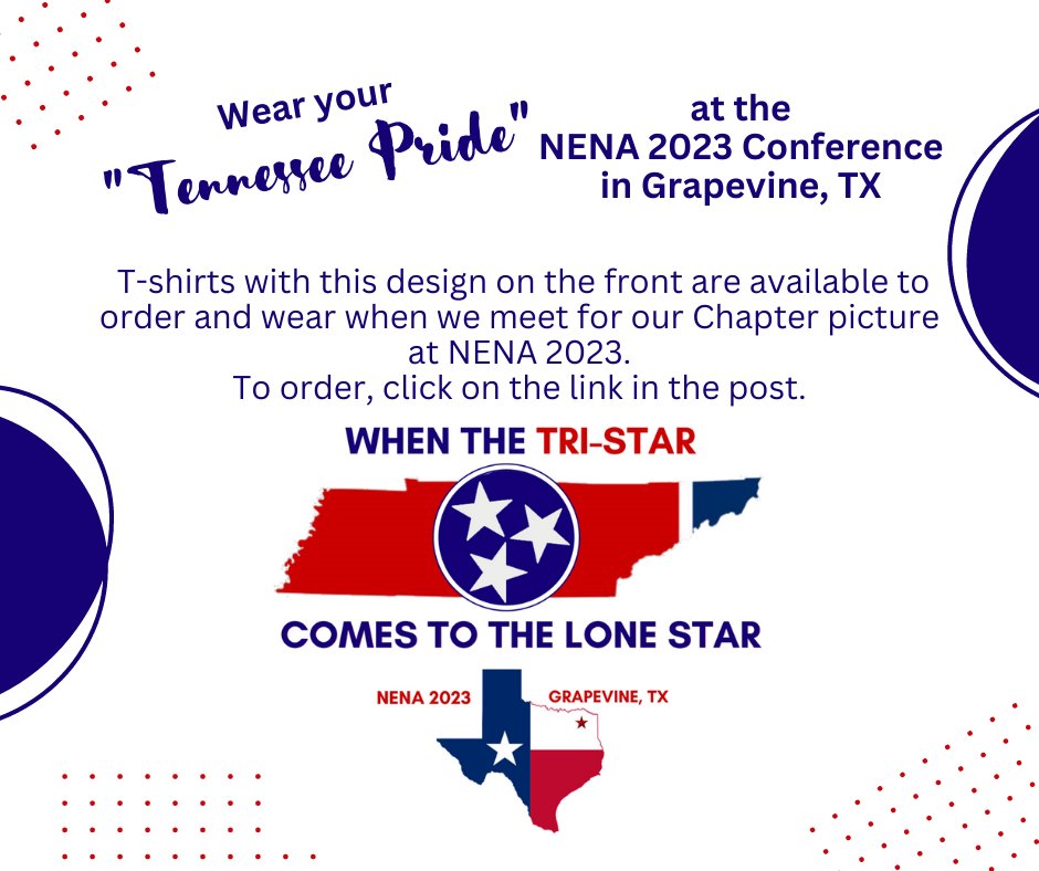 Are you going to NENA 2023?
We have T-Shirts available for our TENA members to show their TN Pride while in TX.
There are short slv and long slv Gildan Classic shirts in sizes S-5XL and LT - 4XLT.
Check them out by clicking my-store-7520772.creator-spring.com/lis.../nena-20…