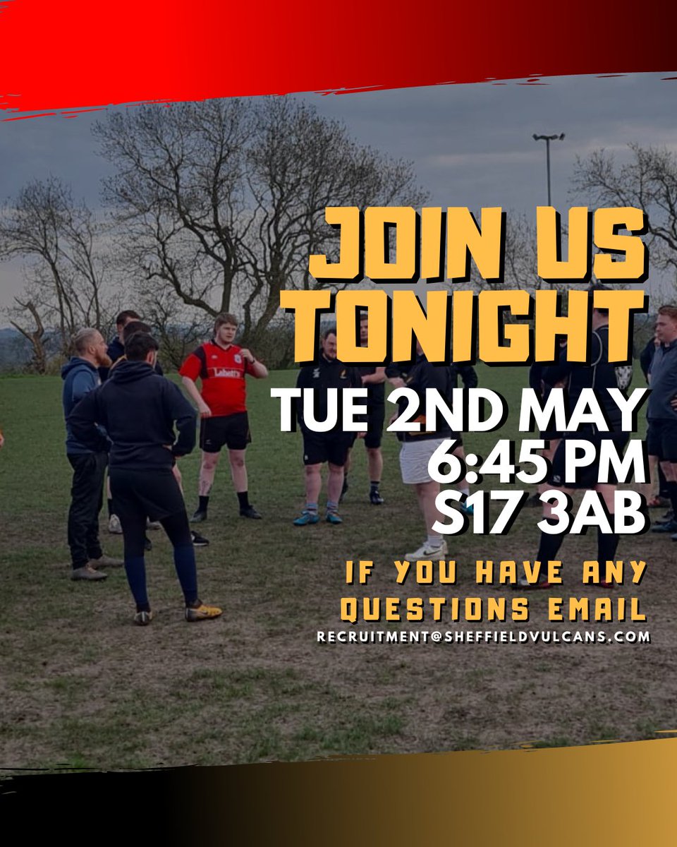 Looking for a fun and challenging workout tonight? Come join us at Sheffield Tigers for some rugby training at 6:45 PM! Email recruitment@sheffieldvulcans.com and we will see you there! #RugbyTraining #SheffieldTigers #AllExperienceLevelsWelcome #Fitness #Fun #rugbysheffield