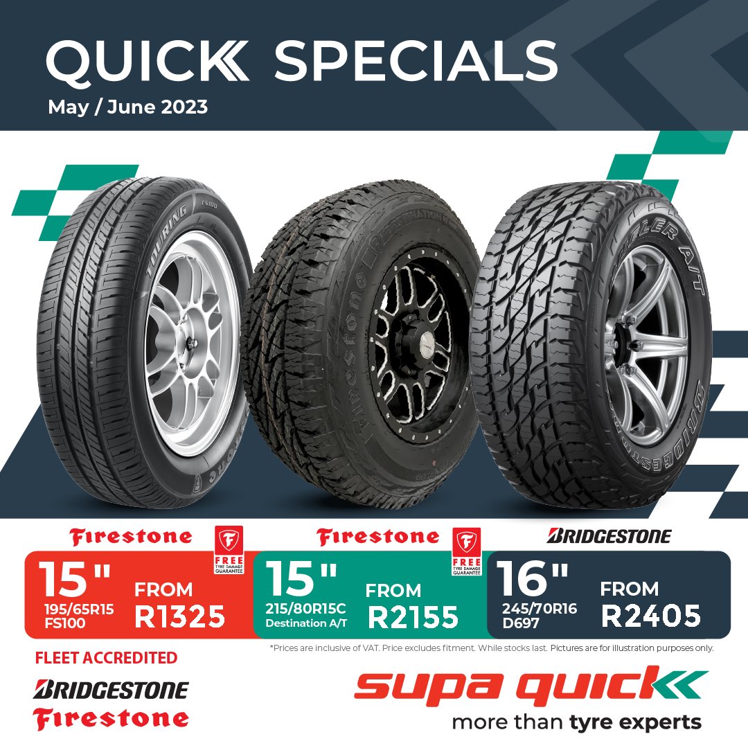 SupaQuickTyres's tweet photo. We're running our new tyre specials so if you're in the market for new tyres, take advantage of these deals at your nearest Supa Quick store. https://t.co/jwF45w7FPu
Valid from 1st May 2023 till 30th June 2023!
T's and C's apply. https://t.co/rqXrAyDSHx
#ThinkSupaQuick #Tyres https://t.co/Dxj8fFPk0K