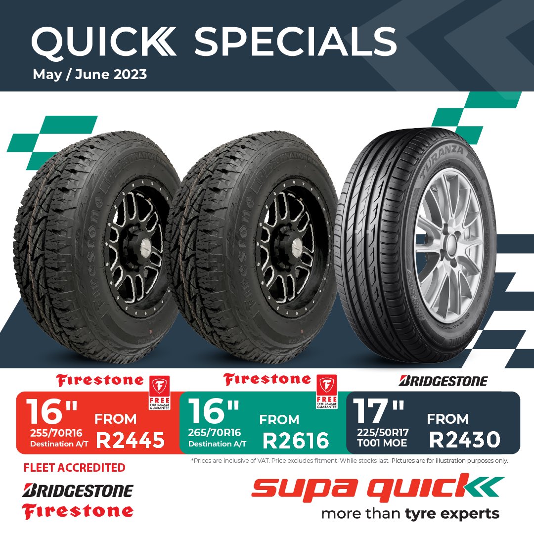 SupaQuickTyres's tweet photo. We're running our new tyre specials so if you're in the market for new tyres, take advantage of these deals at your nearest Supa Quick store. https://t.co/jwF45w7FPu
Valid from 1st May 2023 till 30th June 2023!
T's and C's apply. https://t.co/rqXrAyDSHx
#ThinkSupaQuick #Tyres https://t.co/Dxj8fFPk0K