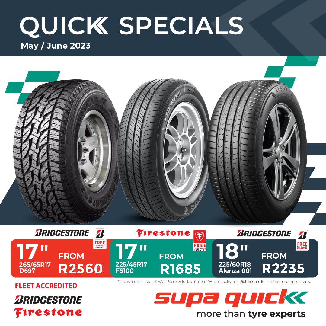 SupaQuickTyres's tweet photo. We're running our new tyre specials so if you're in the market for new tyres, take advantage of these deals at your nearest Supa Quick store. https://t.co/jwF45w7FPu
Valid from 1st May 2023 till 30th June 2023!
T's and C's apply. https://t.co/rqXrAyDSHx
#ThinkSupaQuick #Tyres https://t.co/Dxj8fFPk0K