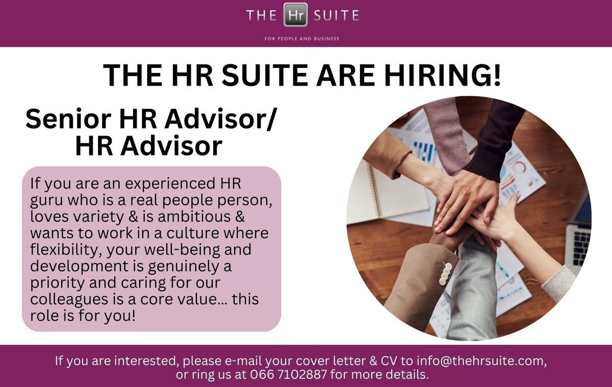 The HR Suite (@thehrsuite) on Twitter photo We are currently looking to recruit an experienced and ambitious HR Advisor and Senior HR Advisor to join the team at The HR Suite.
If these roles interest you, please email a cover letter and your CV to info@thehrsuite.com, or ring 066 7102887 for more details! We are currently looking to recruit an experienced and ambitious HR Advisor and Senior HR Advisor to join the team at The HR Suite.
If these roles interest you, please email a cover letter and your CV to info@thehrsuite.com, or ring 066 7102887 for more details!