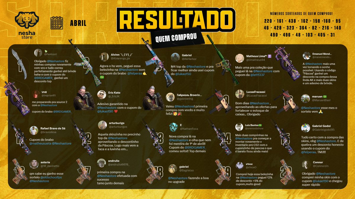 Neshastore's tweet photo. ⚠️ RESULTADO DO SORTEIO MENSAL!
Parabéns aos 30 vencedores!

Dá um zoom nos banners pra saber se você deu sorte! 🔍 https://t.co/0bX5cegF0f