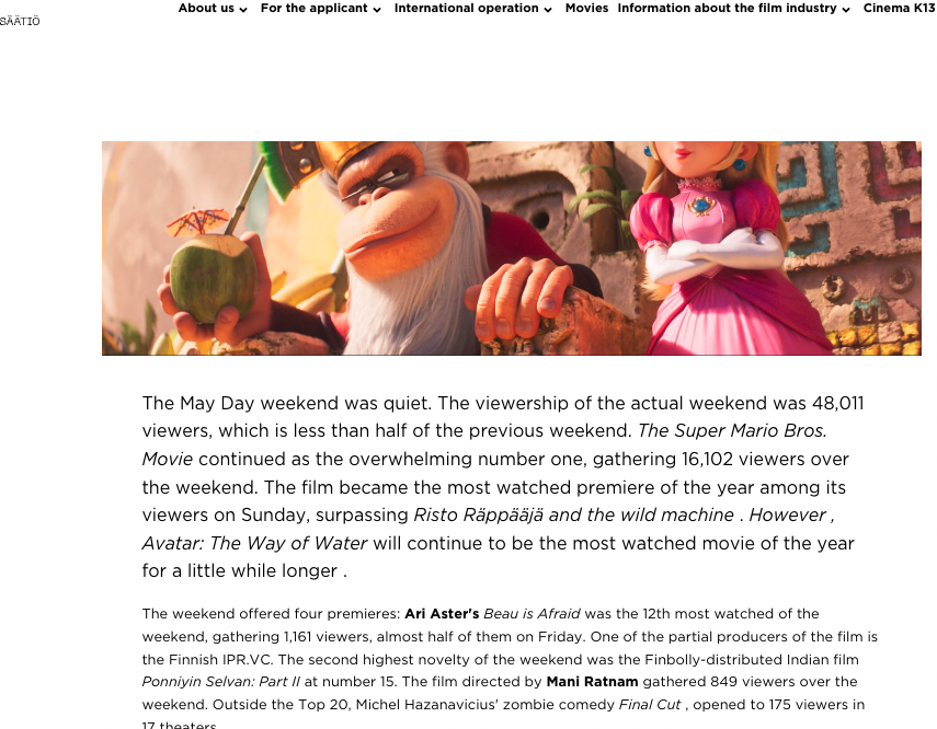 FinBolly's tweet photo. FinBolly Movies distributed latest release - (PS2) ranks second in viewers per hall count (at 94), right after The Super Mario Bros Movie, according to this report, ranks 15th overall this weekend.
Read the latest media coverage from Finland here:
https://t.co/A8LbibQvwJ https://t.co/wLgA7WUe0k