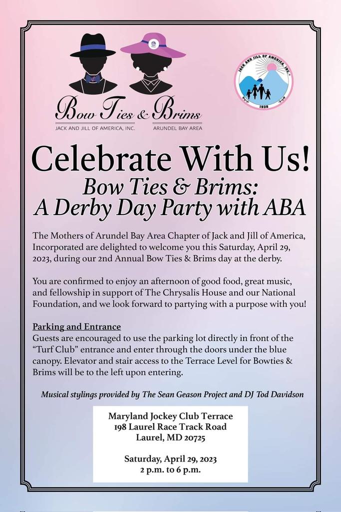 Bow Ties & Brims: A Derby Day Party with Arundel Bay Area Chapter of Jack and Jill of America, Inc.

#PartyWithAPurpose fundraising in support of The Chrysalis House and the Jack and Jill Foundation. 💕💙

#ABAJJ #Philanthropy #LongLiveJackAndJill #CommunityService #JJOA