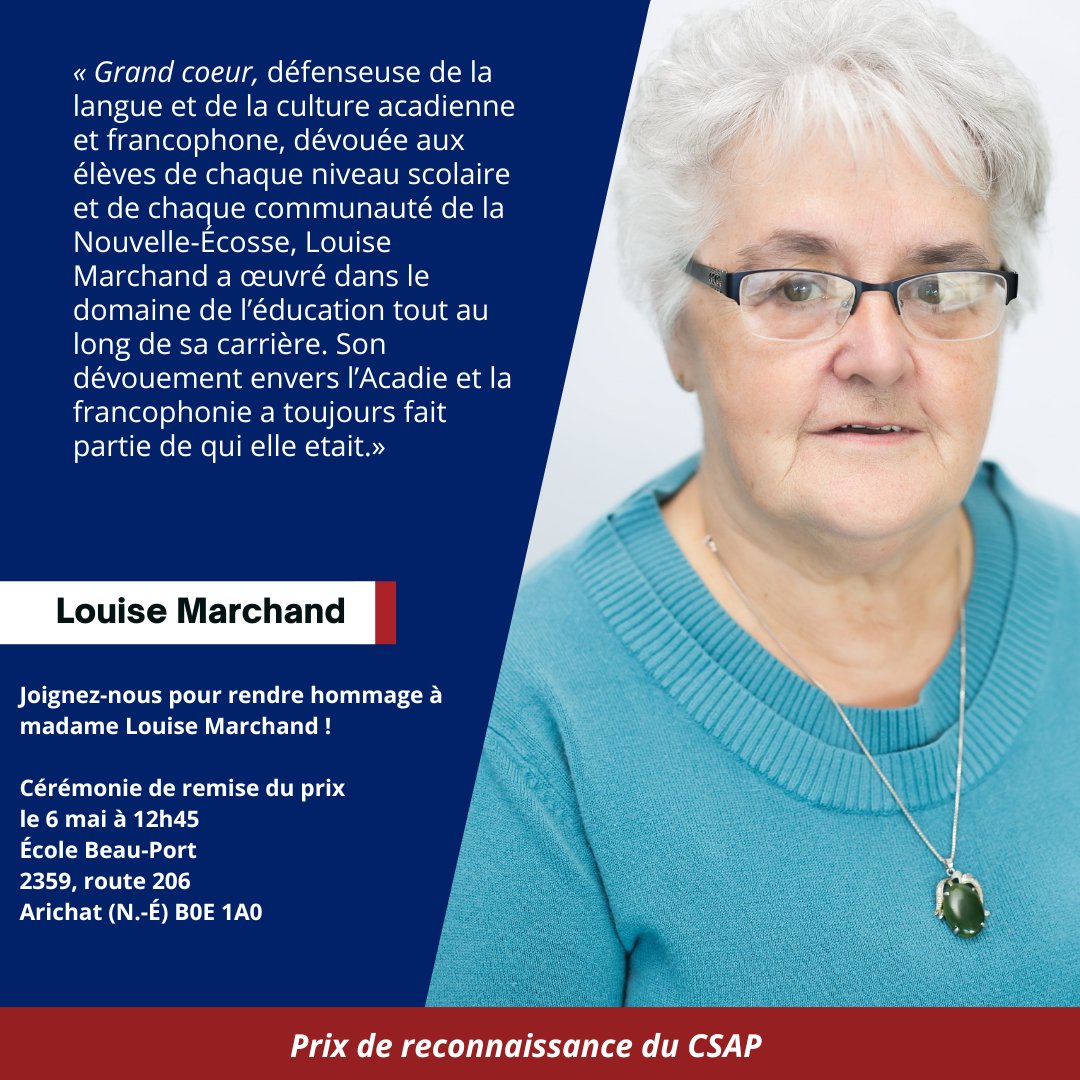 Joignez-vous pour rendre hommage à madame Louise Marchand!

Cérémonie de remise du prix de reconnaissance du CSAP
Le 6 mai à 12h45
École Beau-Port