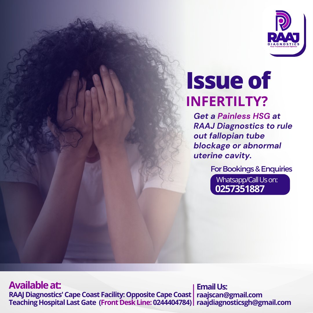 raajdiagnostics's tweet image. Save yourself the pain and choose a painless procedure @raajdiagnostics. 
#painlesshsg #hsg #infertility #diagnosis #raajdiagnostics #capecoast