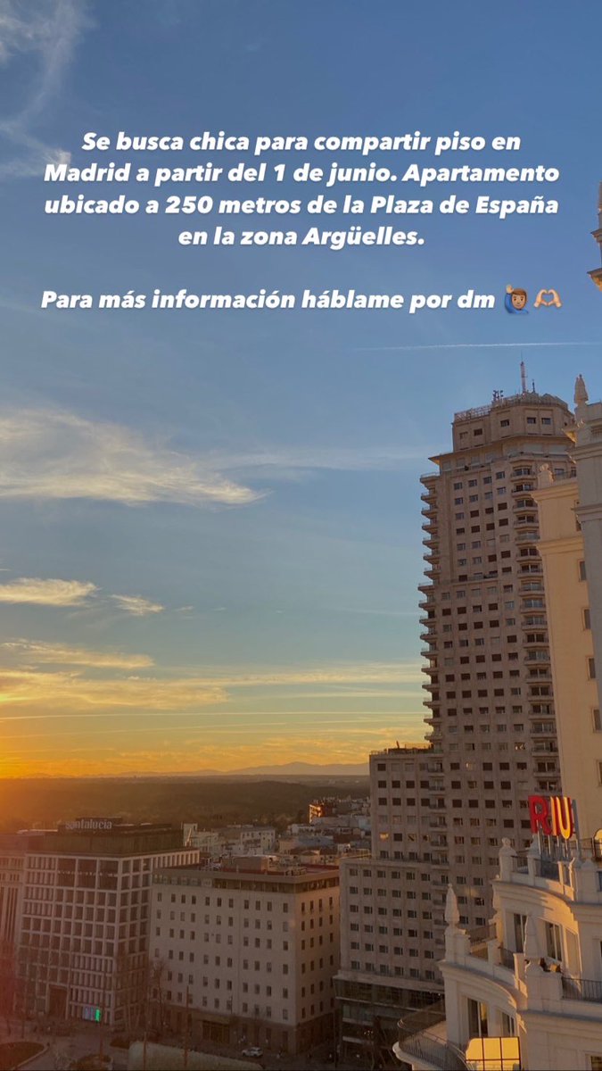 samuelromez's tweet photo. Holiiii!! Se busca a una chica para compartir piso en Madrid a partir del 1 de junio. El apartamento está ubicado a 250 metros de la Plaza de España en la zona de Argüelles. 

Para más información háblame por dm.

Se agradece difusión!!! 💖💖💖💖 https://t.co/qCja85IrQQ