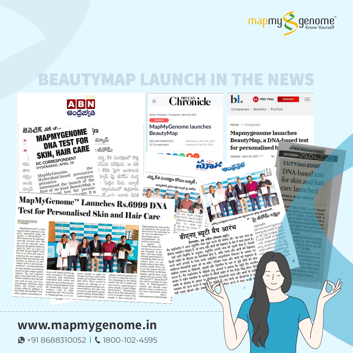 mapmygenome's tweet photo. #beautymap - All Over The #News

✨ India’s first #DNA test for personalised #skin and #hair care- MapMyGenome’s #BeautyMap.

🔍Discover Your Beauty Genes with BeautyMap at Rs 6999

🧬Benefits of #BeautyMap
1️⃣Once-In-Lifetime, Non-Invasive test
👉Covers 40 conditions related to skin & hair
😯Insights into nutrition requirements for better skin & hair health
👩‍⚕️Genetic Counseling
👩🦱Helps in personalising skin & haircare routine.

For more info & to order online, click:
https://t.co/s9HJrnqu1n & get it delivered to your home. #HarGharDNA

👉To know more about #MapMyGenome's preventive & clinical genomics test: https://t.co/KH4i0L8Ths

Contact :
📧 info@mapmygenome.in
📞 Toll-free: 1800 102 4595
📲 WhatsApp (24 hours): +91 86883 10052
.
.
.#launched #skincaregamechanger #geneticsbasedskincare
#skincare #wellness #selfcare #beautymap #healthyskin #skincaretips #HealthySkin #PersonalizedSkincare #SkinCare #SkinCareRoutine #ProactiveSkinCare #SkinWellness #SkinNutrition #BeautyInsideOut #geneticcounseling #preventivegenomics #preventivehealthcare #geneticdisease #genomics #mapmygenome #knowyourself