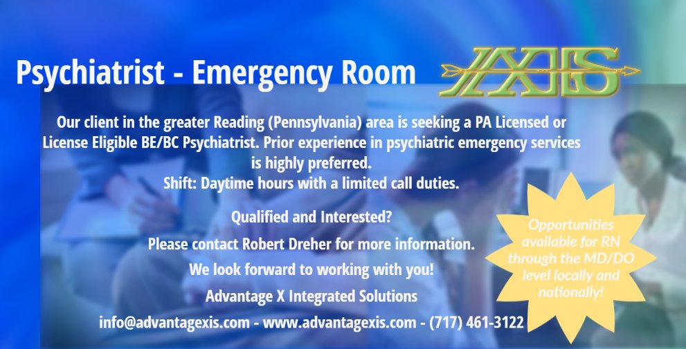 Career opportunity in Berks County, PA for a PA Licensed or License Eligible BE/BC Psychiatrist with ER exposure. Positions available for RN through MD/DO throughout the US as well. Reach out to Robert Dreher for more info. #medjobs #psychiatry #psychiatrist #mentalhealthcareers