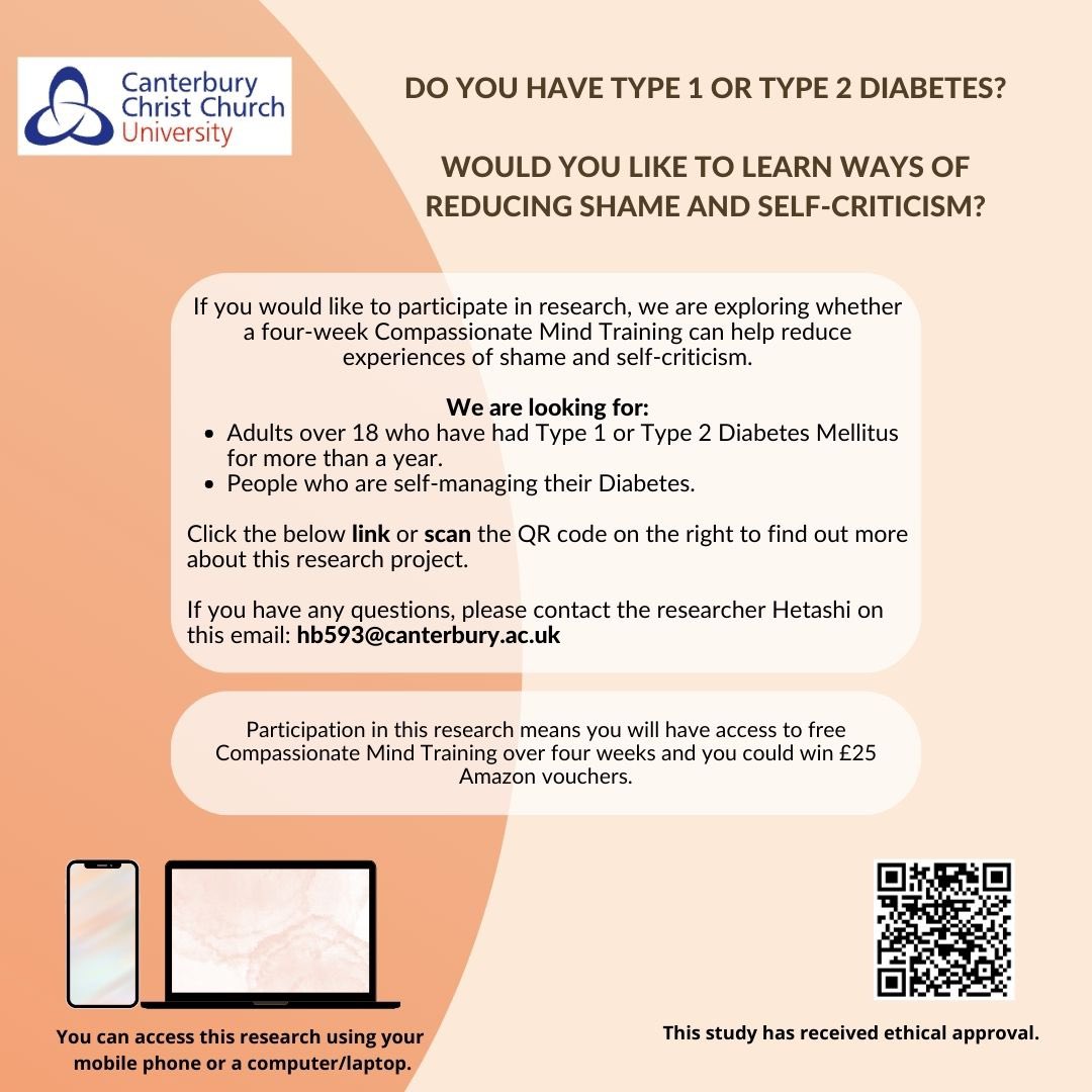 📣 do you have #type1diabetes or #type2diabetes 

📣 would you like to learn ways of reducing shame & self-criticism? 

If you’re 18+, self-managing your diabetes and have been diagnosed for >1 year, you are eligible to take part in this project: cccusocialsciences.az1.qualtrics.com/jfe/form/SV_aW…

#gbdoc