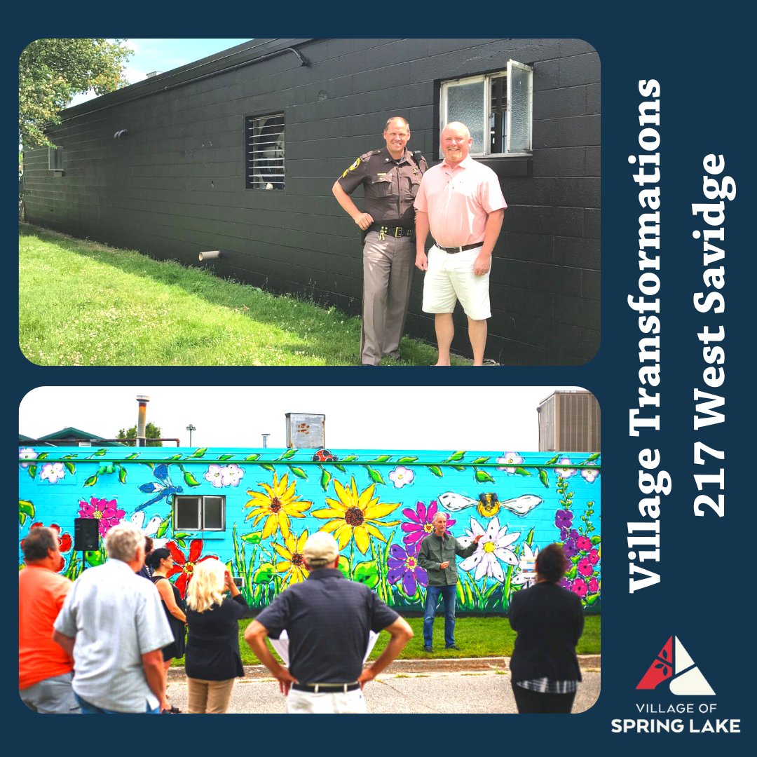 springlakemich's tweet photo. Transformation Tuesday! From a big, blank wall behind Plantenga's Cleaners to a bright, colorful mural by local artist - Christie Dreese! https://t.co/vHniSeI2fn #puremichigan #transformation https://t.co/cc0D8oELu3