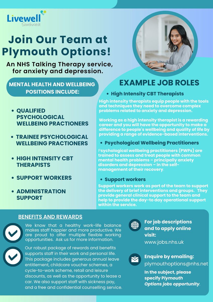 Some fab opportunities to join the Plymouth Options team ⬇

livewellsouthwest.co.uk/careers

#MentalHealth #HealthcareJobs