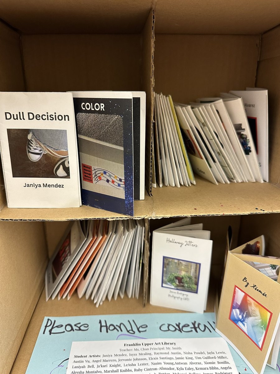NYBookDr's tweet image. Came in to gorgeous student artwork on display all over the building.  This one is across from my office, and obviously my favorite ♥️ A tiny library filled w/ books! @RCSDNYS @RCSDFranklin @RCSDLibraries
