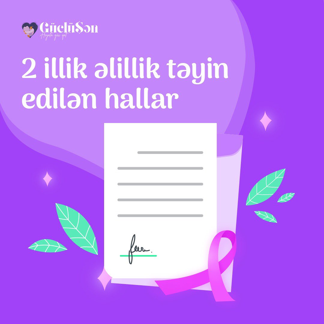 GucluSen_'s tweet photo. Bildiyin kimi, süd vəzi xərçəngi diaqnozu qoyulduqda əlillik təyin edilir. Törəmənin lokalizasiyası, böyümə sürəti və s. meyarlara əsasən isə əlillik müddəti dəyişə bilir.   💜 https://t.co/zz2S973Xci