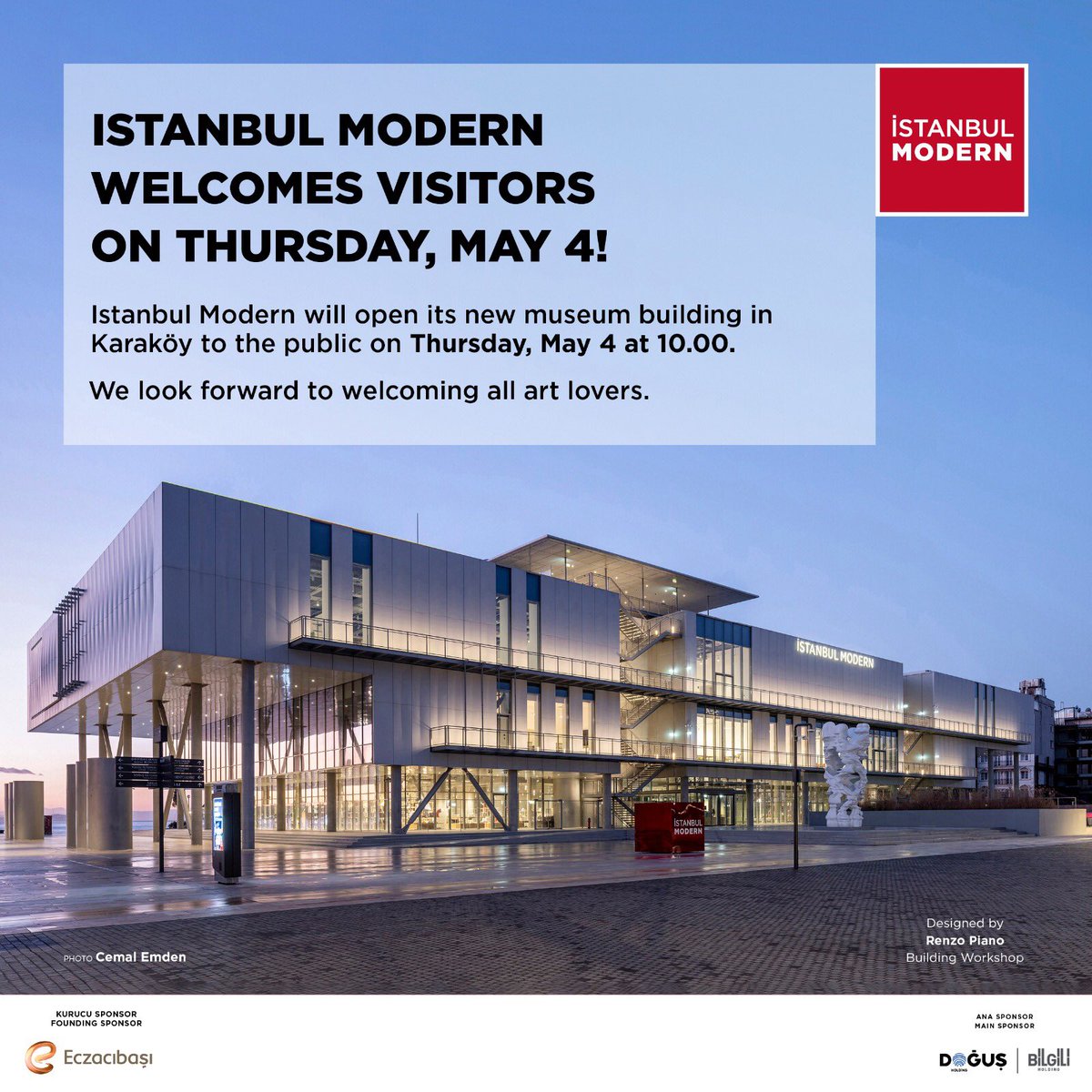 istanbulmodern_'s tweet photo. Istanbul Modern will open its new museum building in Karaköy to the public on Thursday, May 4, at 10.00. We look forward to welcoming all art lovers. https://t.co/M8Gs0FSYp9