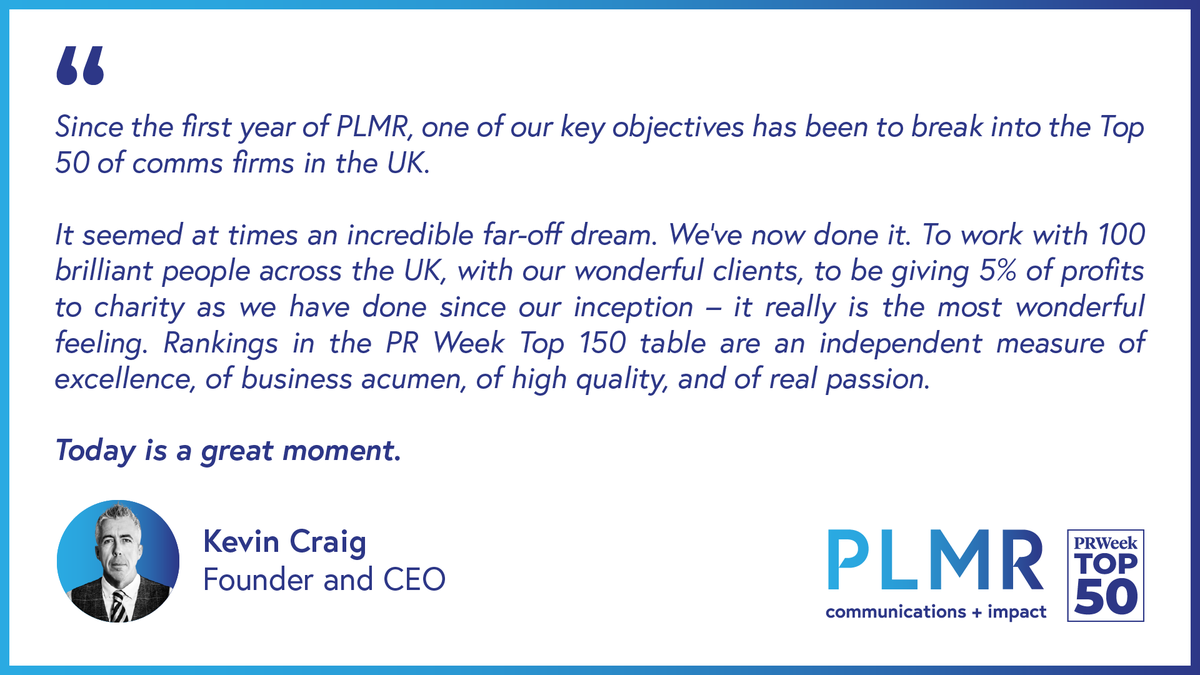 PLMRLtd's tweet photo. "Today is a great moment"

Our Founder and CEO @KevinCraigUK reflects on PLMR's historic entry into the @prweekuknews Top 50 Communications Agencies:

https://t.co/T9jVz2MDvg