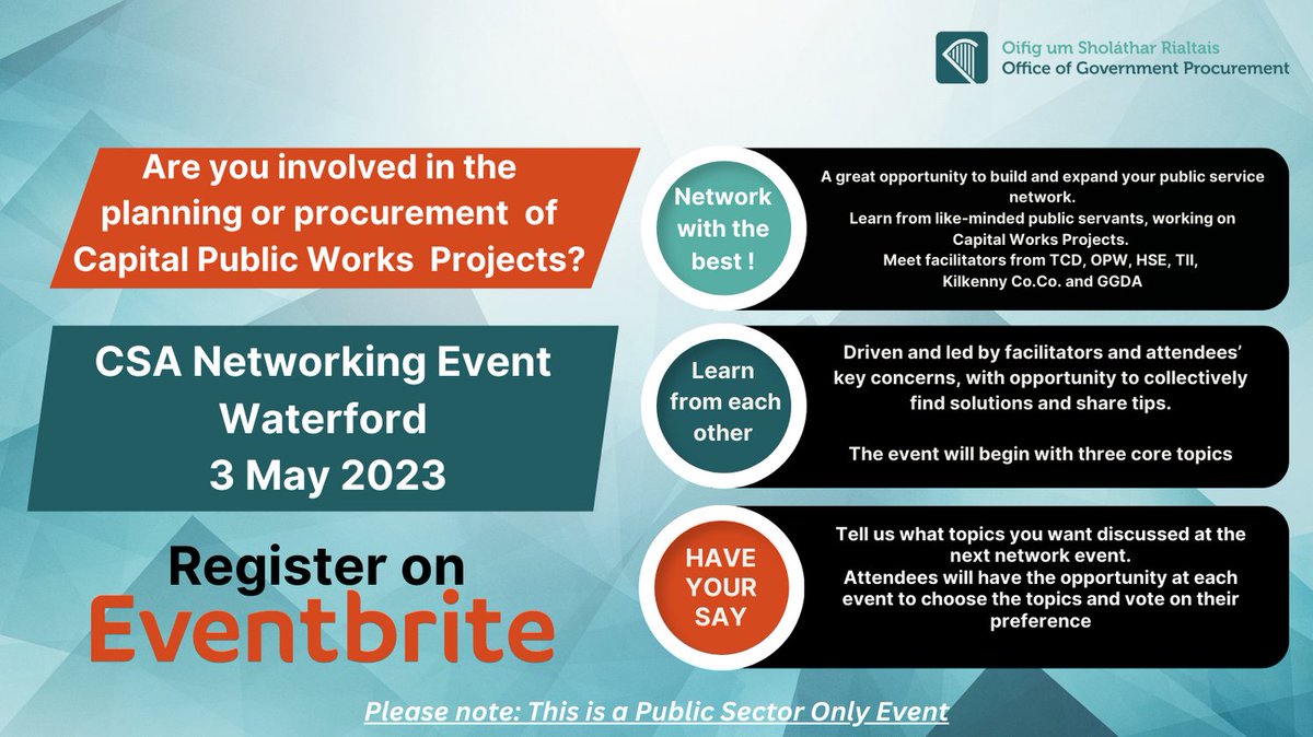 Office of Government Procurement (@procurement_ie) on Twitter photo Involved in planning or procuring Capital Public Works Projects?
Register for our Event in <a href="/TowerHotel/">Tower Hotel Waterford</a> here: eventbrite.ie/e/commercial-s… Involved in planning or procuring Capital Public Works Projects?
Register for our Event in <a href="/TowerHotel/">Tower Hotel Waterford</a> here: eventbrite.ie/e/commercial-s…