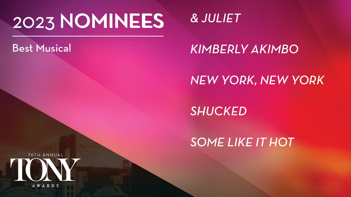 TheTonyAwards's tweet photo. The 2023 #TonyAwards nominees for Best Musical are: https://t.co/nF9nqO3Og9