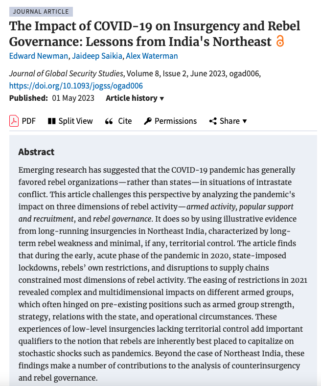 Now published OPEN ACCESS with @Journal_of_GSS, exploring the impact of COVID-19 on Insurgency and #RebelGovernance, with @_AlexWaterman and Jaideep Saikia. tinyurl.com/ezx5syz5 @CGSCLeeds