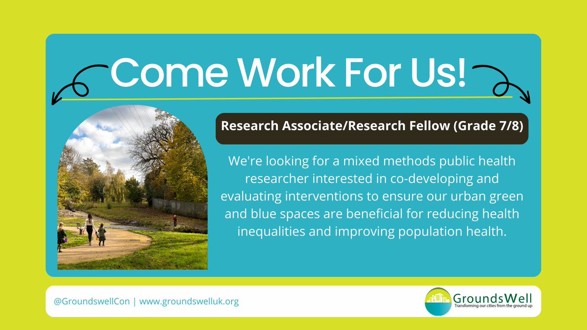 📢JOB ALERT📢

We're looking for a mixed methods researcher with an interest in working with aprtners to co-devlop and evaluate green and blue space interventions that can reduce health inequalities. Closing date 19th May.

Apply here 👉 bit.ly/058787