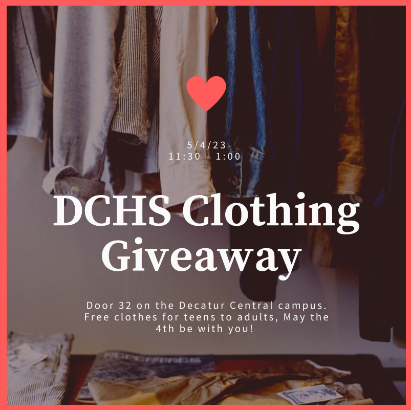 MSDDecatur's tweet image. Free clothes available for teens to adults this Thursday, May 4th, at DCHS. Go to Door 32 between 11:30 am and 1:00 pm! #DecaturProud #CommunityConnected @DCHS_hawks @DecaturTwpSupt @Steph_Hofer