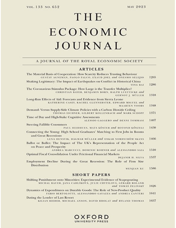 The Economic Journal (@ej_res) on Twitter photo Hot off the press! The May 2023 issue is out now. Featuring ‘The Material Basis of Cooperation: How Scarcity Reduces Trusting Behaviour’ by Gustav Agneman, Paolo Falco, Exaud Joel & Onesmo Selejio <a href="/RoyalEconSoc/">Royal Economic Society</a> <a href="/GAgneman/">Gustav Agneman</a> <a href="/paofal/">Paolo Falco</a> <a href="/exaud_joel/">Exaud Joel</a> <a href="/DERG_DK/">Development Economics Research Group (DERG)</a>
bit.ly/3obwFrl Hot off the press! The May 2023 issue is out now. Featuring ‘The Material Basis of Cooperation: How Scarcity Reduces Trusting Behaviour’ by Gustav Agneman, Paolo Falco, Exaud Joel & Onesmo Selejio <a href="/RoyalEconSoc/">Royal Economic Society</a> <a href="/GAgneman/">Gustav Agneman</a> <a href="/paofal/">Paolo Falco</a> <a href="/exaud_joel/">Exaud Joel</a> <a href="/DERG_DK/">Development Economics Research Group (DERG)</a>
bit.ly/3obwFrl