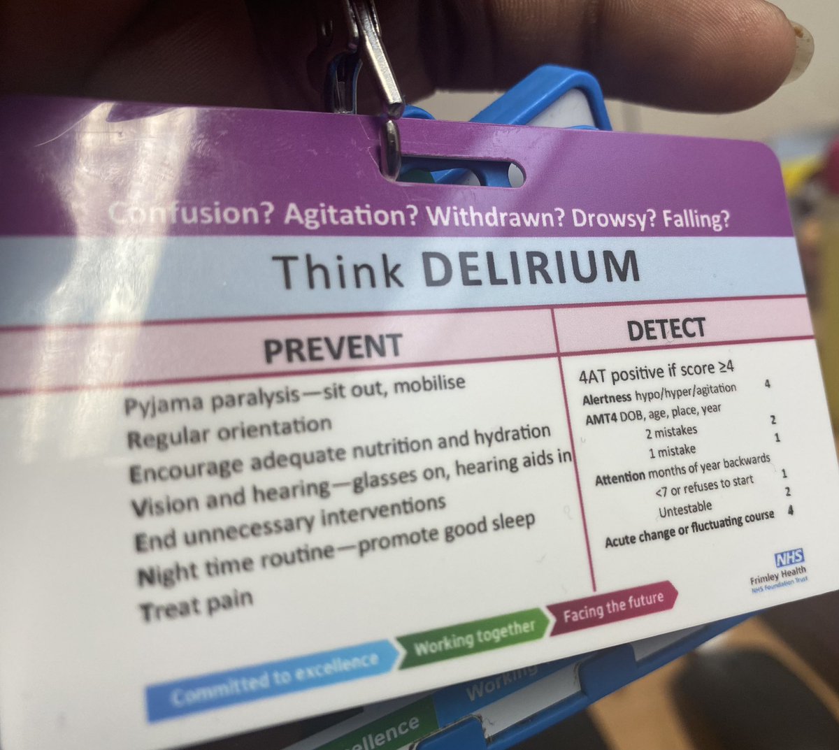 WMDLove's tweet photo. It’s Delirium Day &amp; this is the excellent Wexham PK Frailty team. Here is 1 team Doctor, OT, Frailty Practitioner and Caroline G their Nurse Consultant. Delirium prevention is everyone”s role. We were given this prompt card to raise awareness and to support early detection. 😊💕 https://t.co/ee7AB5GIT4