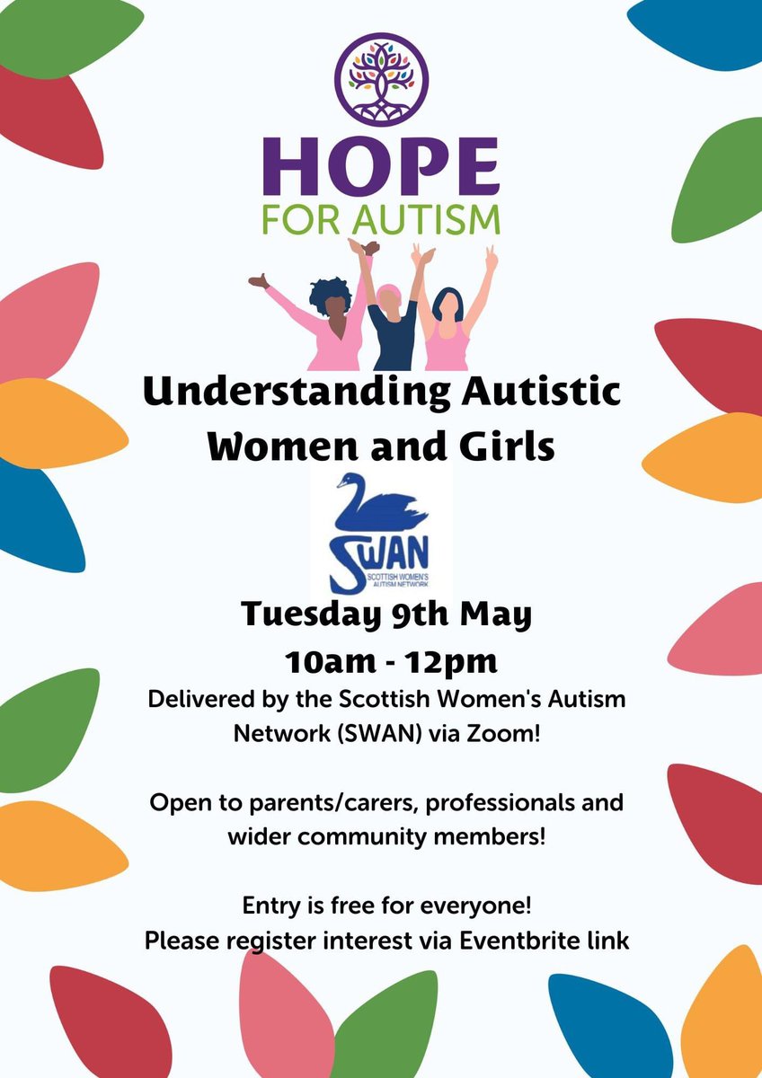 CaldervaleLCSC's tweet photo. ** Understanding Autistic Women and Girls **

Tuesday 9th May at 10 am -12pm for this free online webinar co hosted by Scottish women's Autism Network (SWAN) &amp; @HOPEforAutismNL 

To book your place please use the below link:
https://t.co/8zbPdo2cT7 https://t.co/LemaUlCuuj