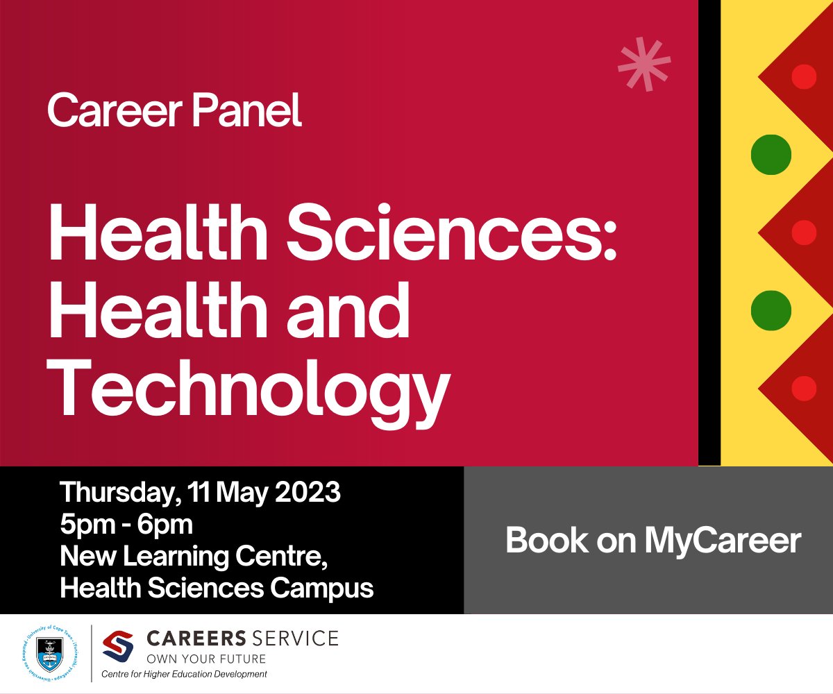 If you are interested in pursuing a career in health and technology, our career panel on Thursday, 11 May 2023 is not to be missed! Our panelists will share their stories and provide practical tips and advice for working in these fields. Book here - mycareer.uct.ac.za/students/event…