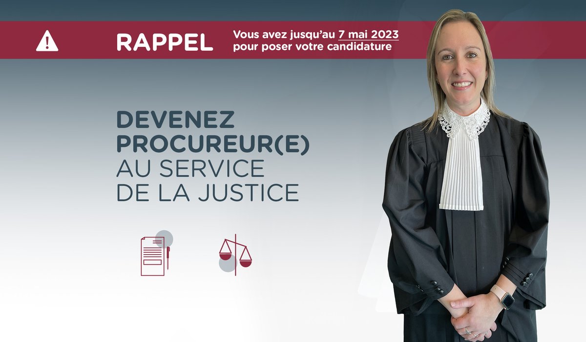 _DPCP's tweet photo. Avocates et avocats du Québec, saisissez votre chance. Devenez procureur(e) au service de la justice dans un de nos 38 points de service partout au Québec. Posez votre candidature d’ici le 7 mai : https://t.co/EtWCbF2Jpj https://t.co/K4hFDmS5Fl