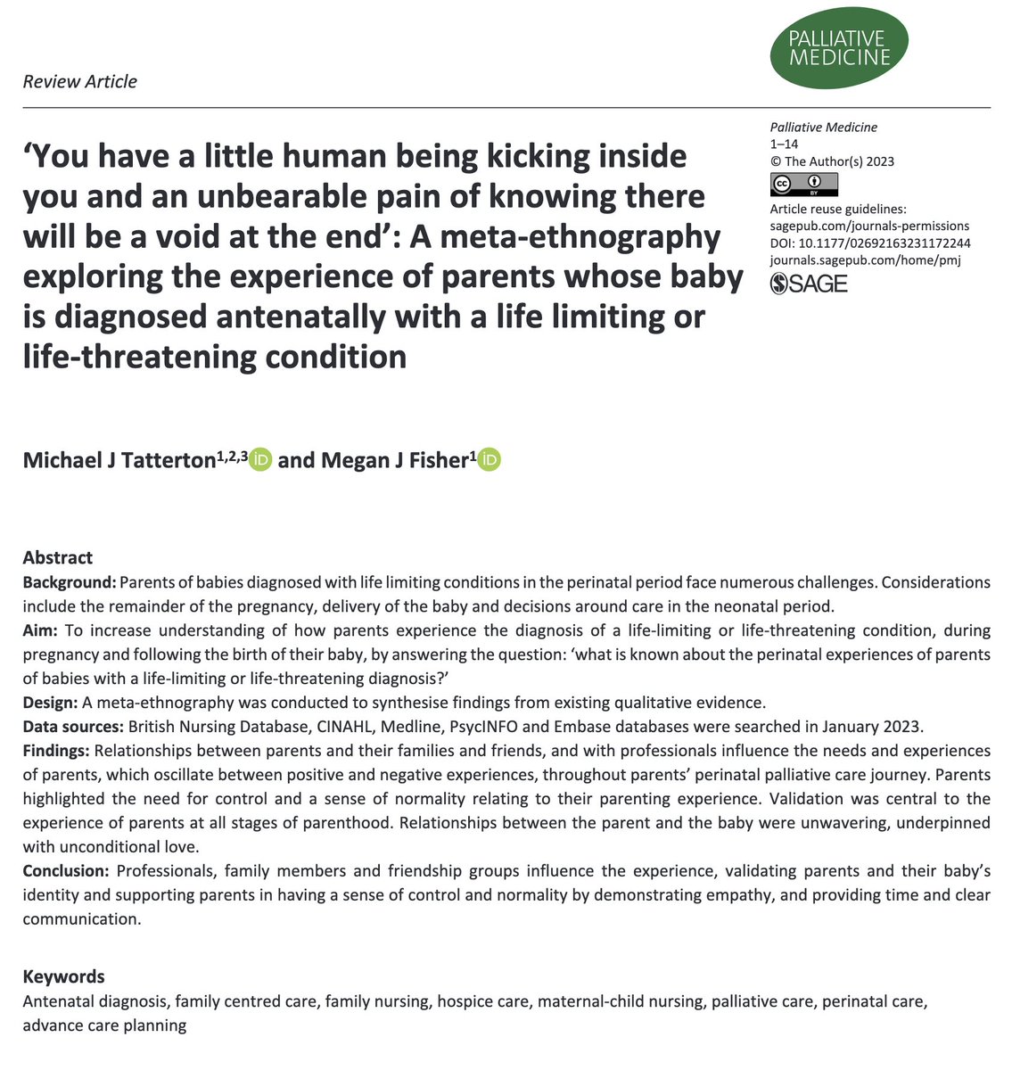 Michael Tatterton PhD RNC RHV SFHEA QN (@mjtatterton) on Twitter photo Delighted to share our latest publication, co-authored with <a href="/MeganJFisher91/">Megan Fisher</a>, which explores how #parents experience #perinatal #PalliativeCare, published today in <a href="/PalliativeMedJ/">Palliative Medicine</a>. You can read our #OpenAccess paper here: journals.sagepub.com/doi/epdf/10.11… <a href="/UoB_Nursing/">Nursing at University of Bradford</a> <a href="/BluebellWoodCH/">Bluebell Wood</a> Delighted to share our latest publication, co-authored with <a href="/MeganJFisher91/">Megan Fisher</a>, which explores how #parents experience #perinatal #PalliativeCare, published today in <a href="/PalliativeMedJ/">Palliative Medicine</a>. You can read our #OpenAccess paper here: journals.sagepub.com/doi/epdf/10.11… <a href="/UoB_Nursing/">Nursing at University of Bradford</a> <a href="/BluebellWoodCH/">Bluebell Wood</a>