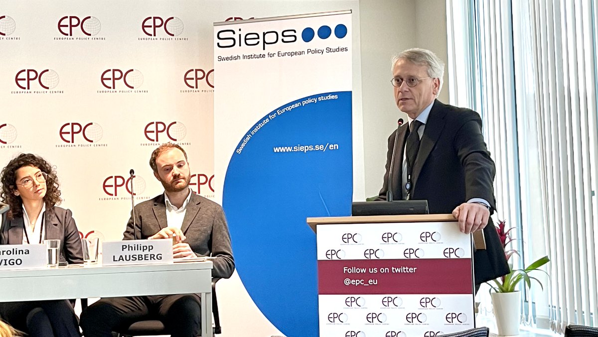 SwedeninEU's tweet photo. We need to keep the vision of an economy that is developing and not locking itself into today’s solutions - keynote by @TorbjornHaak at @epc_eu &amp; @SIEPS_Sweden seminar on strengthening green competitiveness. #EU2023SE https://t.co/rusxJbIBnH