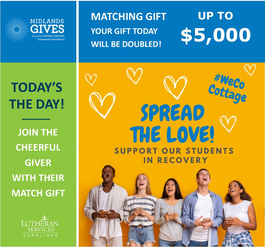 LSC and the Cheerful Giver invite you to be a part of Midlands Gives Day! Help us Spread the Love to our Columbia students who are working toward living a joyful and substance free life and support WeCo Cottage a substance free home. To donate visit midlandsgives.org/index.php?sect…