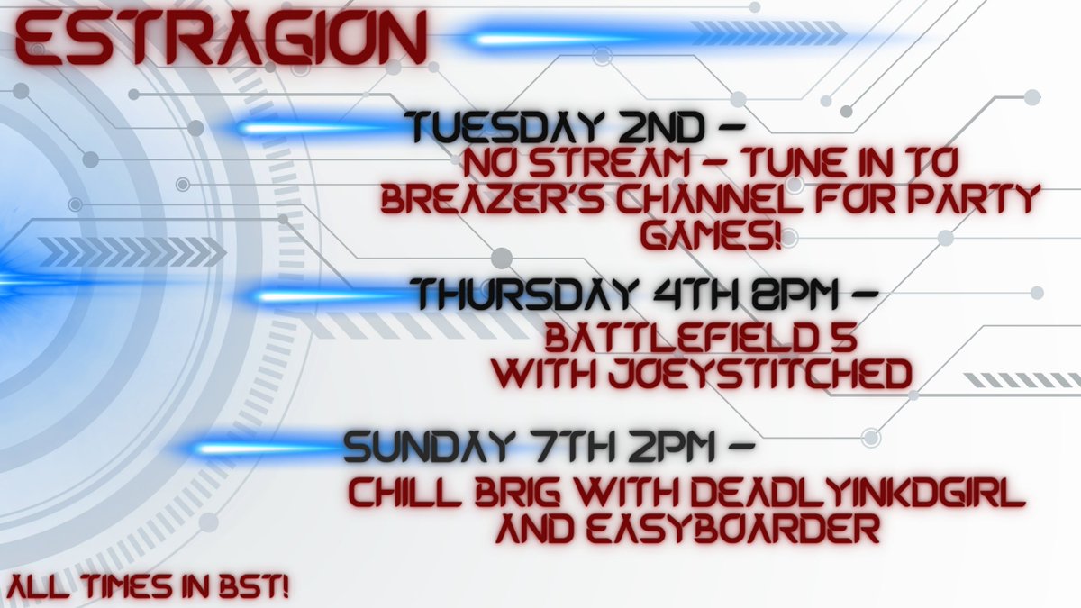 Estragion's tweet photo. Only 2 streams this week. Struggling to decide what to do with Tuesday streams so will get a few ideas and start rotating through them from next week on!

Tune in to https://t.co/0VbZxxcs06 tonight to celebrate his birthday!
Also sailing with https://t.co/zviTnQIWdK on Saturday! https://t.co/pKqLfc8wpX