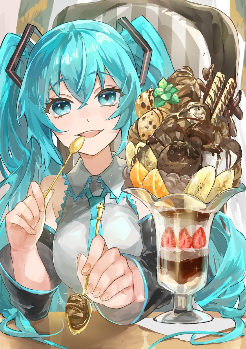 hatsune miku 1girl solo spoon holding spoon parfait twintails food  illustration images
