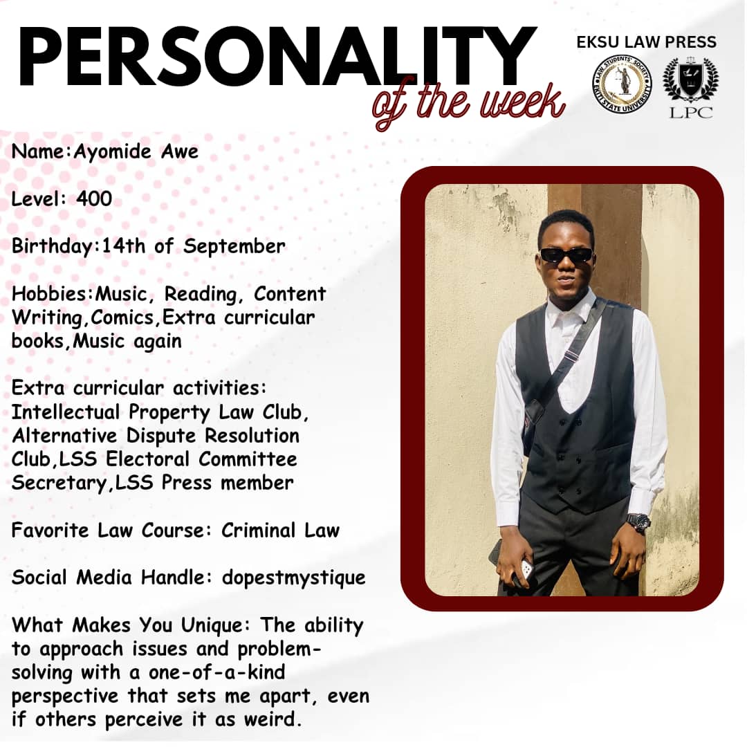 eksulawpress's tweet photo. EKITI STATE UNIVERSITY, FACULTY OF LAW.
ββββββββ
LAW STUDENTS' SOCIETY PRESS
π¨Meet the personality of the week.
AYOMIDE AWE
Popularly known as MYSTIQUE
A versatile law studentπ―π and a Music FanaticπΌπΌ.
ππππππππ
Β©οΈLSS PRESS EKSU
#eksulaw #eksulawpress https://t.co/hDmnV5Apzd