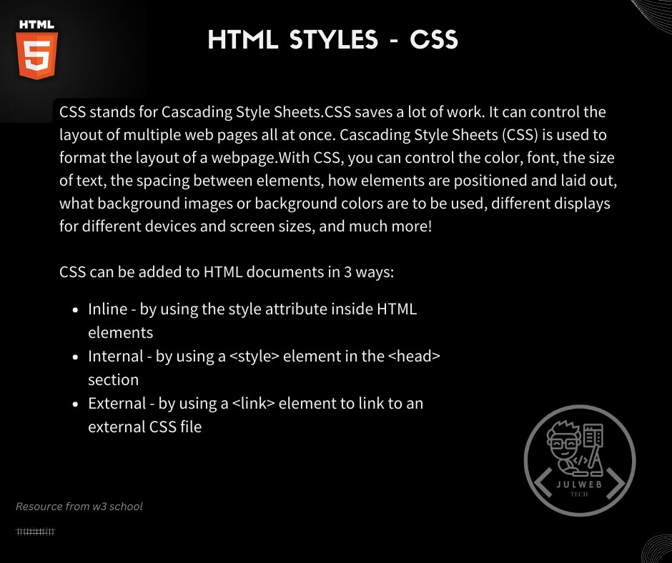 JulwebTech's tweet image. How to use CSS in HTML
#webdevelopment
#css
#html
Our Community Group: facebook.com/groups/4657258…
Our FB Page: facebook.com/JulwebTech/
Instagram: instagram.com/julwebtech/
Our YouTube Channel: youtube.com/channel/UCFYbc…